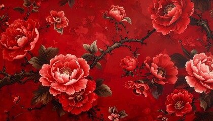 Elegant Blood Red Floral Chinoisserie Background.
