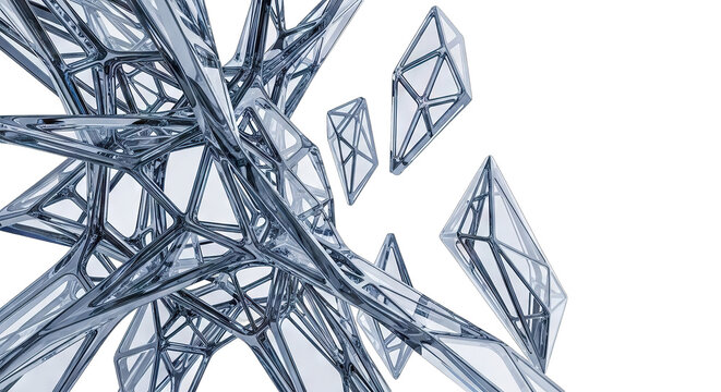 Abstract geometric glass structure with interconnected triangular facets.
