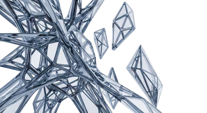 Abstract geometric glass structure with interconnected triangular facets.
