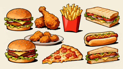 Fast food, hamburgers, French fries, fried chicken, hot dogs, sandwiches, soda, pizza, chicken legs, tacos, chicken rolls, cartoon hand-drawn vector illustrations
