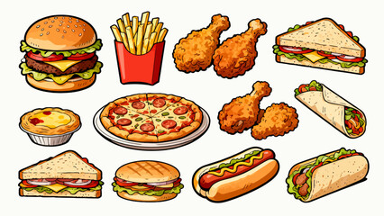 Fast food, hamburgers, French fries, fried chicken, hot dogs, sandwiches, soda, pizza, chicken legs, tacos, chicken rolls, cartoon hand-drawn vector illustrations