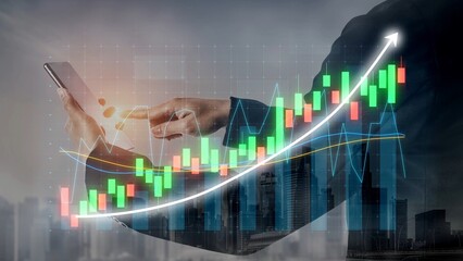 A businessman uses a smartphone while looking at financial charts that display stock market growth. The image conveys themes of analysis, success, and urban progress. Copula