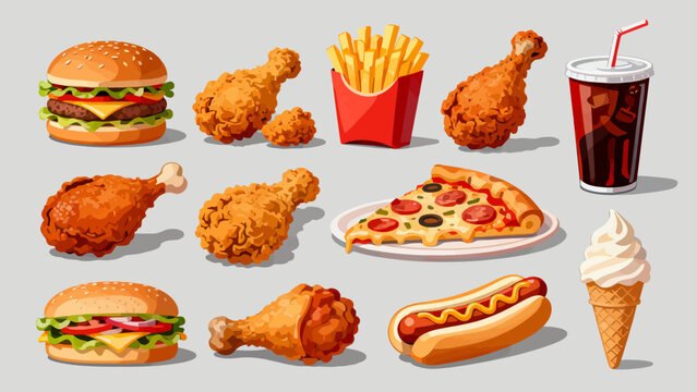 Fast food, hamburgers, French fries, fried chicken, hot dogs, sandwiches, soda, pizza, chicken legs, tacos, chicken rolls, cartoon hand-drawn vector illustrations