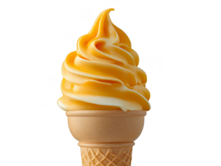 Swirled vanilla and mango soft serve ice cream in waffle cone, isolated on transparency background, creamy texture, refreshing and sweet dessert, perfect for summer enjoyment