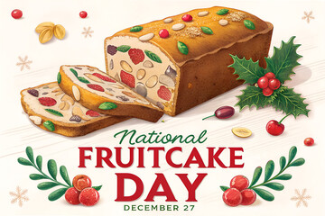 "National Fruitcake Day Celebration: A Festive Illustration of Sliced Holiday Fruitcake with Holly and Berries on a Wooden Background"