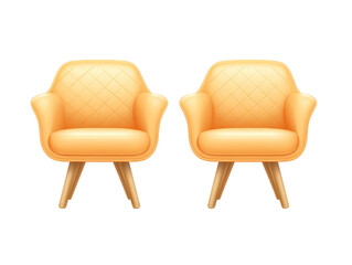 Obraz premium Two modern yellow armchairs with quilted upholstery and wooden legs, placed side by side, create cozy and inviting seating arrangement for living room or lounge interior design