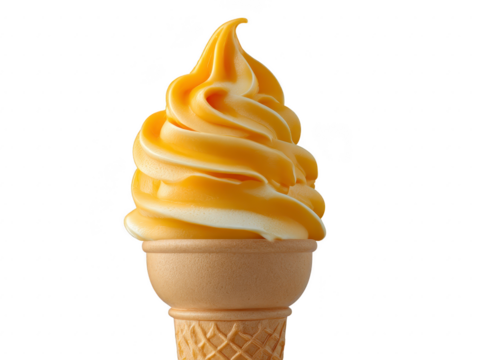 Swirled vanilla and mango soft serve ice cream in waffle cone, isolated on transparency background, creamy texture, refreshing and sweet dessert, perfect for summer enjoyment