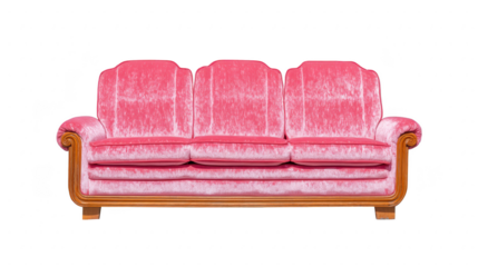 Pink velvet sofa with wooden frame plush cushions vintage style comfortable seating elegant and inviting perfect for living room or lounge retro charm soft texture stylish home decor