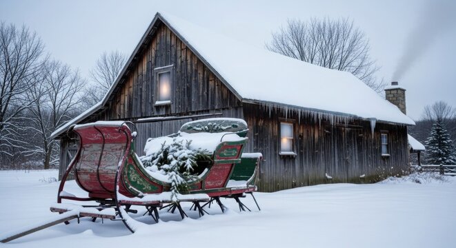 Wooden barn with snow and a sleigh in a winter landscape