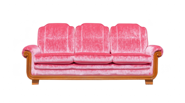 Pink velvet sofa with wooden frame plush cushions vintage style comfortable seating elegant and inviting perfect for living room or lounge retro charm soft texture stylish home decor