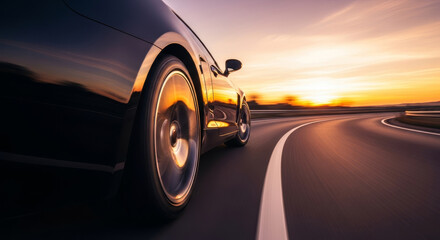 Experience the thrill of the open road with this sleek car speeding into a vibrant sunset for automotive ads and travel promotions