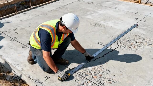 Technician performing manualchecking of concrete foundation with ruler and tactile assessment to ensure dimensional accuracy and crack detection in construction sites.