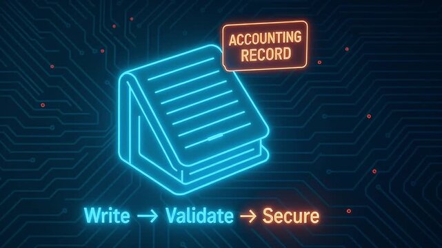 Neon accounting record ledger icon on circuit technology background showing write validate secure workflow with glowing digital data protection and security for modern ledger process