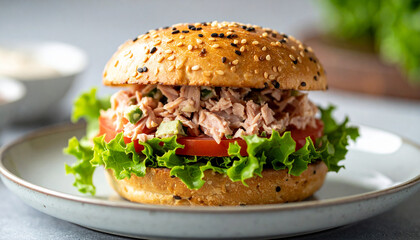 Delicious tuna salad burger, fresh greens on ceramic plate, appetizing snack, tasty fast food meal