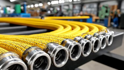 Bright yellow hoses lined up in a workshop for industrial use during daytime operations