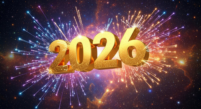Golden 2026 numerals explode with vibrant fireworks against a starry cosmic background celebrating new beginnings