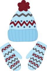 Illustration of blue knit hat with a pom-pom and mittens with ornament. Winter accessories isolated on white