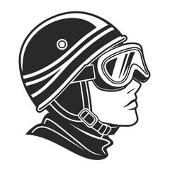 Profile Silhouette of a Person Wearing a Vintage Motorcycle Helmet and Goggles Keywords