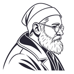 Stylized Line Art Portrait of a Bearded Man in a Hat and Glasses head profile