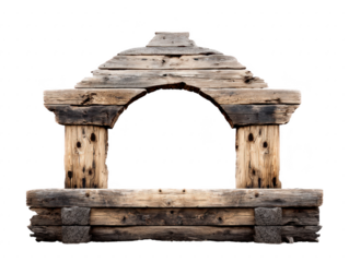 Rustic wooden archway with weathered texture, natural brown color, and rough surface, suitable for garden entrance, outdoor decor, or countryside landscape design