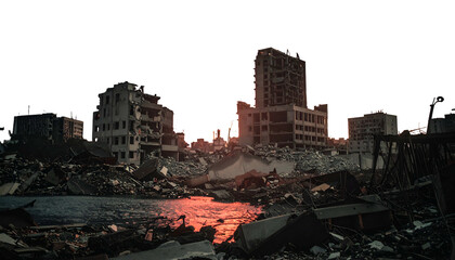 Devastated cityscape with crumbled buildings, dark sky, and red light reflecting