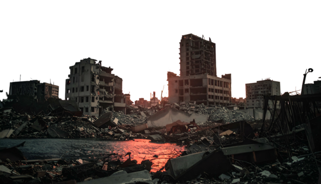 Devastated cityscape with crumbled buildings, dark sky, and red light reflecting