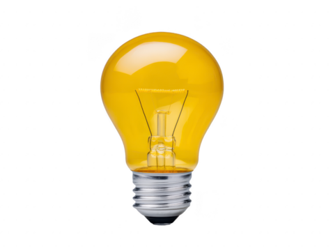 Yellow light bulb glass metal base isolated transparency background energy electricity innovation idea creativity bright glowing modern home technology object closeup inspiration solution concept