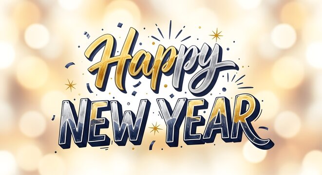 Happy new year festive greeting with glittering bokeh background