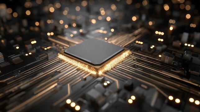 Golden Illuminated CPU Microchip on a Dark Circuit Board processor computer Photo