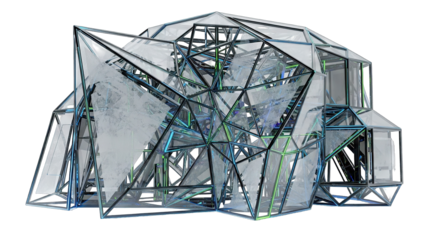 Abstract geometric sculpture with a complex metal framework.