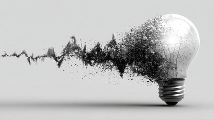 Black and white vector of a lightbulb merging into a graph, on pure white background. Represents creative solutions, growth, and analytical innovation in business.