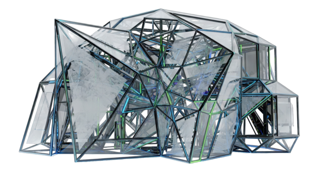 Abstract geometric sculpture with a complex metal framework.