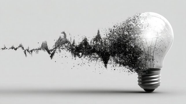 Black and white vector of a lightbulb merging into a graph, on pure white background. Represents creative solutions, growth, and analytical innovation in business.