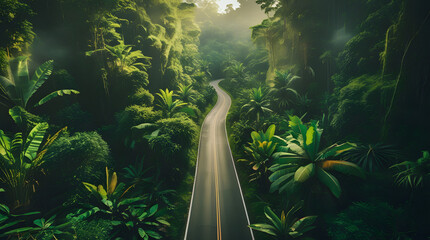 Aerial view of a road in the middle of the forest , road curve construction up to mountain।.