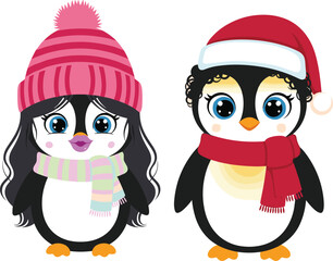 Cartoon penguins in winter clothing with festive hats and scarves, standing side by side on white background with cheerful expressions