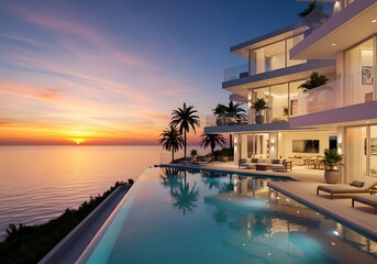 Stunning beachfront villa with an infinity pool at sunset, palm trees, and a modern design for a luxurious and relaxing tropical vacation