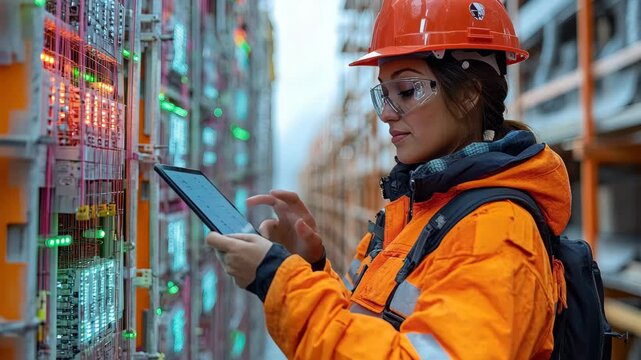 Construction worker inspects electrical wiring using a tablet in a busy warehouse at twilight - Powered by Adobe