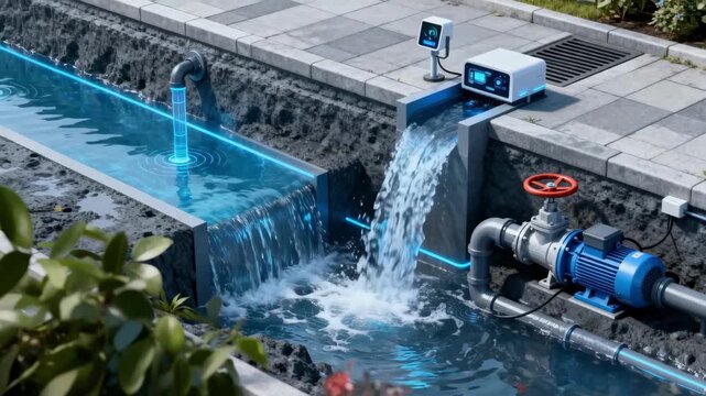 Modern sensorassisted water drainage system operating in urban environment detecting water levels to prevent flooding with automated valves and pumps.