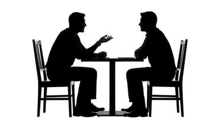 Two men in silhouette sit across a table, one gesturing while conversing with the other