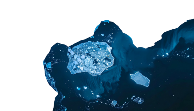 Aerial view of an icy formation with scattered chunks and dark ocean water