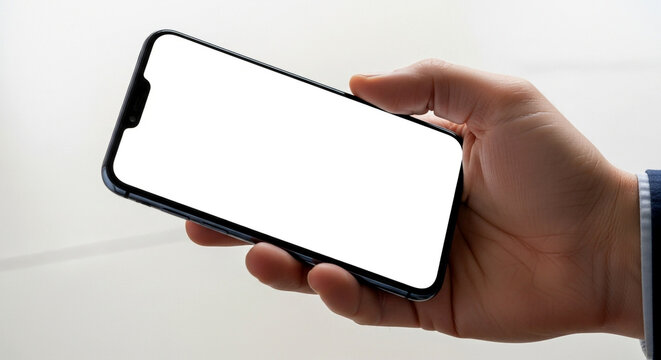 Showcase your app on this blank white screen of a modern smartphone held by a professional businessman