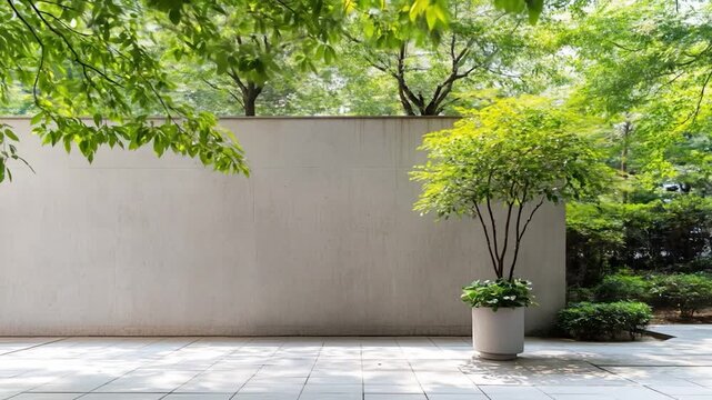 Green foliage concrete wall patio background potted tree sunlight shadows