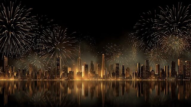 Golden fireworks exploding over city skyline at night with 2026 numerals in bursts. Dramatic New Year celebration scene with radiant lights and urban glow. Festive graphic for events, posters, and hol
