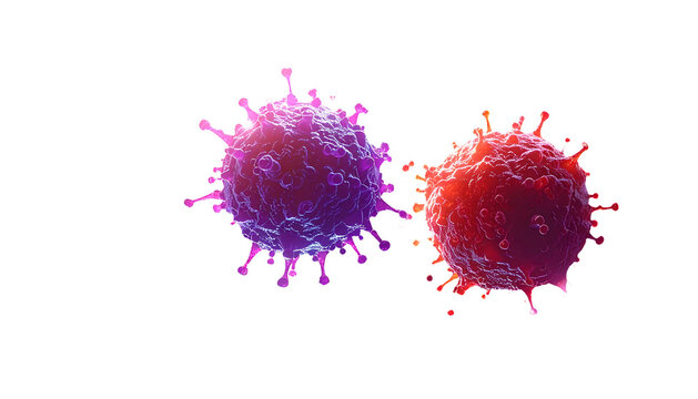 Two virus particles with spiky exteriors, rendered in purple and red hues, on black