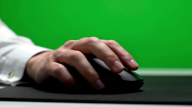Green Screen office guy using chromakey computer closeup worker hand holding mouse device scene 1 with distortion, overlay, glitch, static noise, scan lines on black background, 4k animated video loop