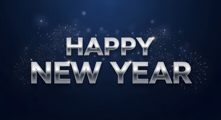Happy new year festive greeting with silver text on dark blue background