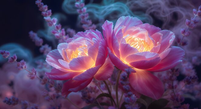 Glowing Fantasy Flowers in Pink and Purple Light Surrounded by Misty Dream Atmosphere – Magical Blooming Floral Art with Soft Ethereal Beauty
