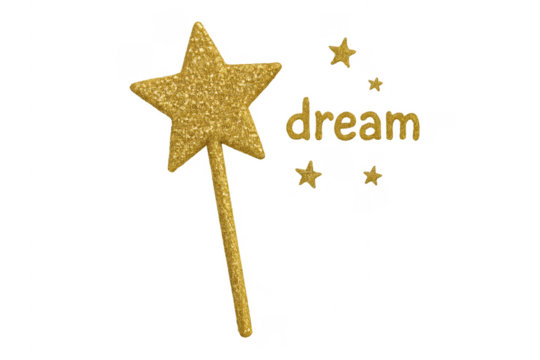 Gold glitter magic wand and dream text with stars