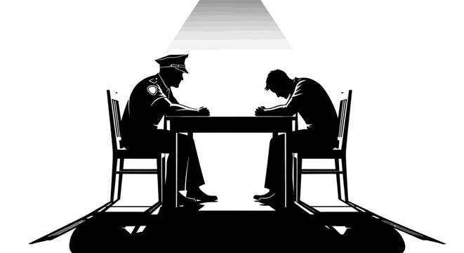 Silhouette of a police officer interviewing a man under a spotlight in a stark, high-contrast scene
