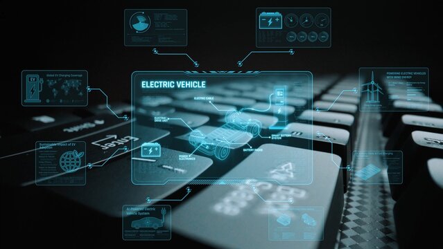 Technical layout of electric vehicle showing battery system, power control, traction motor, charging interface, and integration with renewable and smart energy sources Marrow